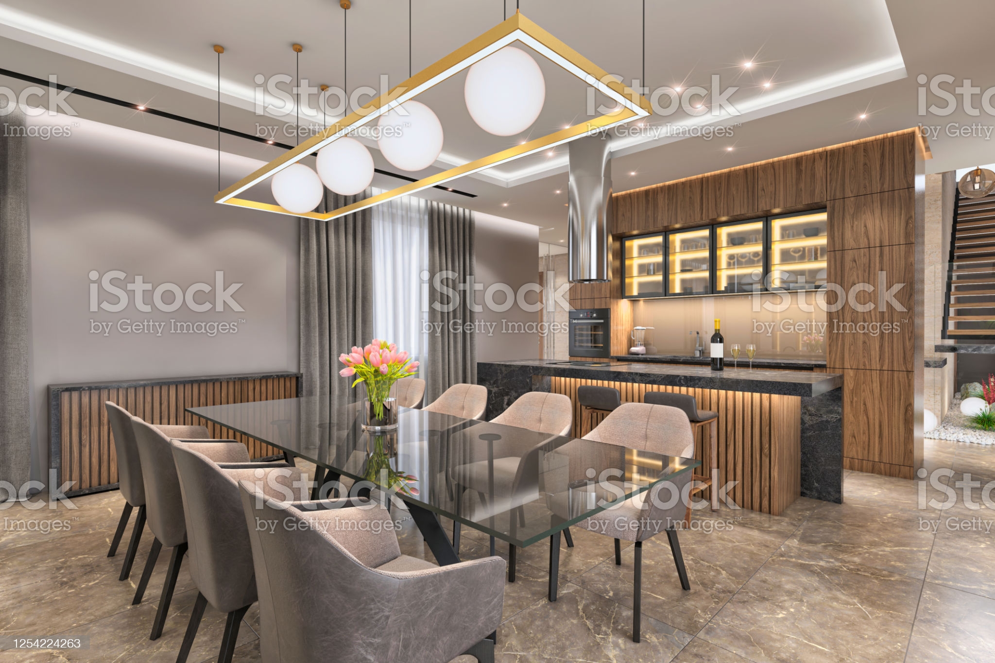 Luxury furnished dining room interior with open kitchen and kitchen island, large table with armchairs. Large windows with sunlight. render